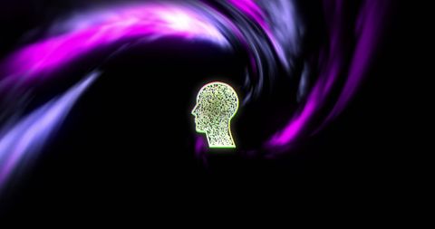 Digital binary-coded silhouette on futuristic purple background