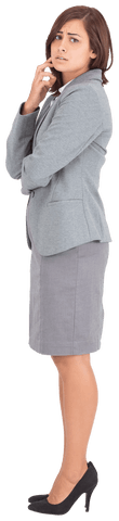 Worried businesswoman wearing grey formal attire on transparent background