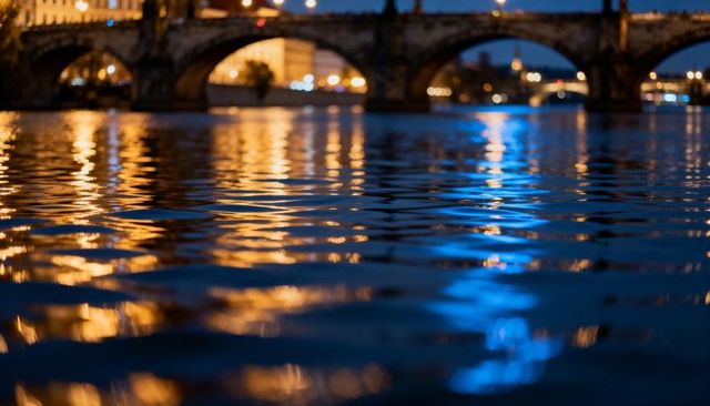 Glittering river reflections at historic stone bridge with gold and blue bokeh lights