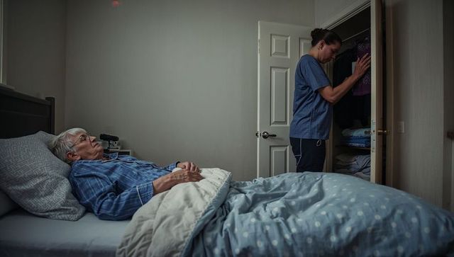 Elderly man resting in bed while caregiver sorting closet linens in home care bedroom