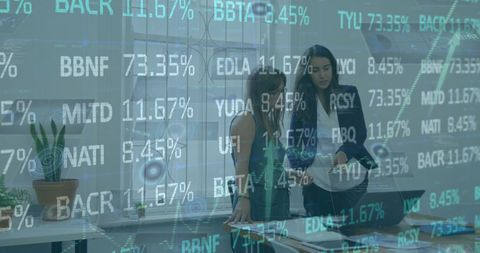 Financial Data Overlay with Businesswomen in Office Setting