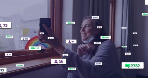 Woman interacting with smartphone amid social media notifications