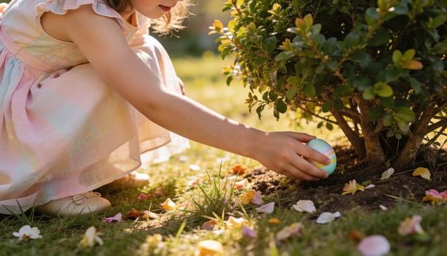 Preschool girl placing pastel egg at shrub during backyard easter egg hunt