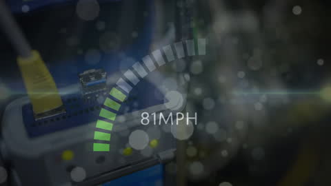 Visual portraying dynamic digital data processing with speedometer-like graph overlay on server close-up, intimating easily conceptual understanding of high-speed technology. Suitable for use in contexts of global computing networks, cybersecurity technology solutions, data transmission, and speed tech innovation contents for education or tech focused presentations, websites, or promotional materials.