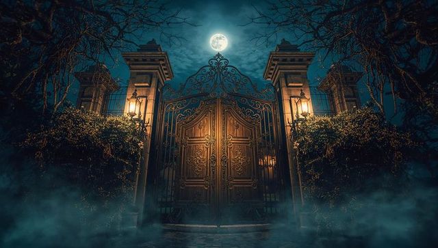 Mysterious moonlit estate gate with gothic lanterns