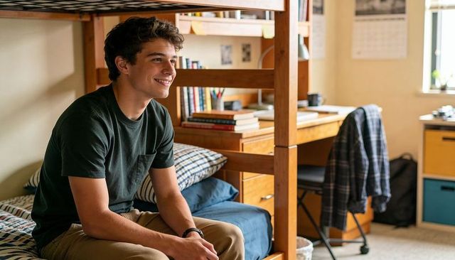 College student smiling on lower bunk in cozy dorm room with study desk