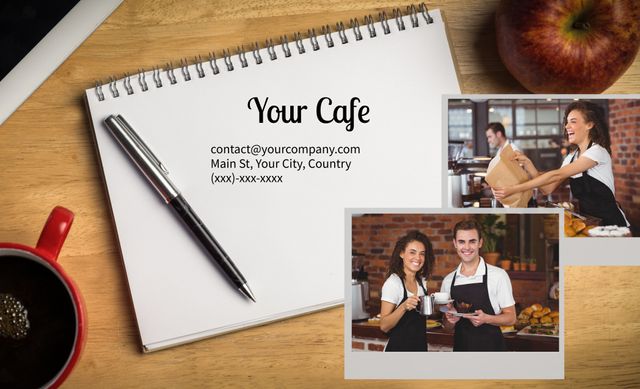 This warm café branding template features smiling staff and a cozy atmosphere, capturing the essence of friendly service and inviting ambiance. Perfect for promoting coffee shops and small cafés, it includes spaces for contact information, staff highlights, and menu teasers. Use this template to create professional marketing materials that resonate with customers seeking a welcoming environment.