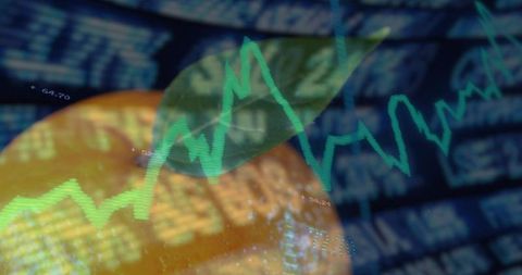 Citrus fruit overlaying stock market graph on digital display symbolizing green investing