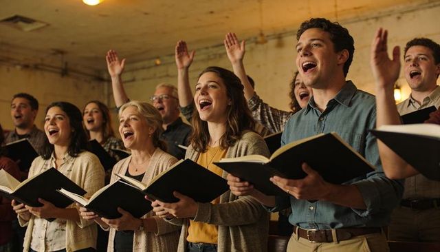 Community choir singing joyfully in warm basement rehearsal holding black hymnals