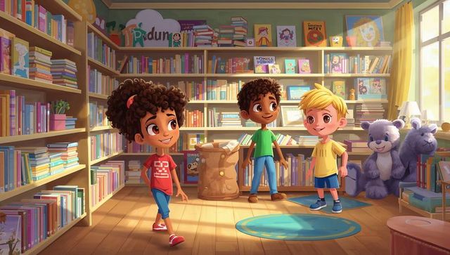 Children reading and playing in sunny cozy library corner with plush teddy bears