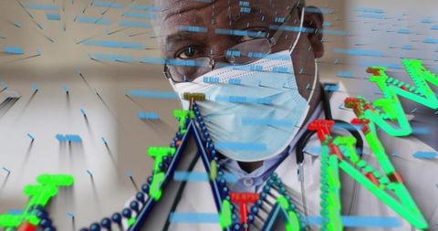 Senior doctor studying digital DNA helix with mask and stethoscope for futuristic research