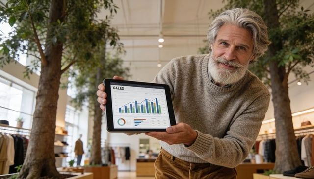 Experienced store manager presenting tablet with sales dashboard in modern boutique