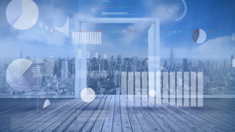 Digital Data Screens Over Cityscape Skyline Visualization