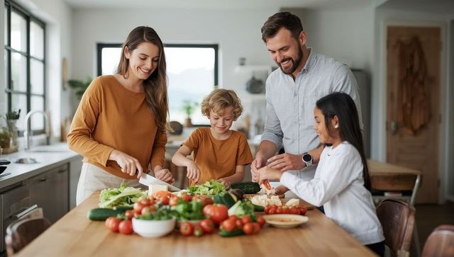 Happy family preparing healthy lunch in modern kitchen