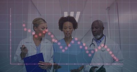 Medical team analyzing data with futuristic digital chart overlay
