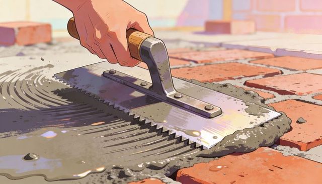 Applying serrated trowel to spread mortar and create ridges on brickwork in sunlight