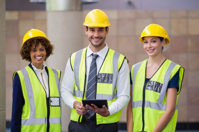 Group of architects wearing safety vests and hard hats, holding a digital tablet, standing in a conference center. Ideal for use in articles or advertisements related to construction, architecture, project management, teamwork, and professional collaboration.