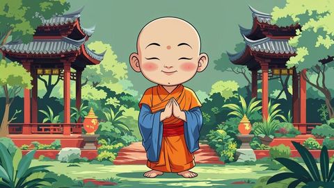 Smiling Monk in Tranquil Temple Garden