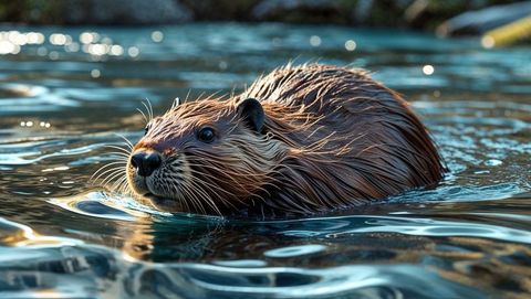 Beaver gliding through calm river waters near rocky shoreline