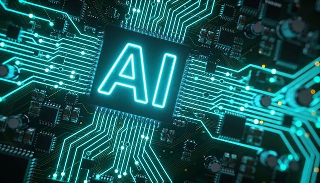 Glowing ai microchip on neon circuit board with futuristic cyan traces and digital circuitry