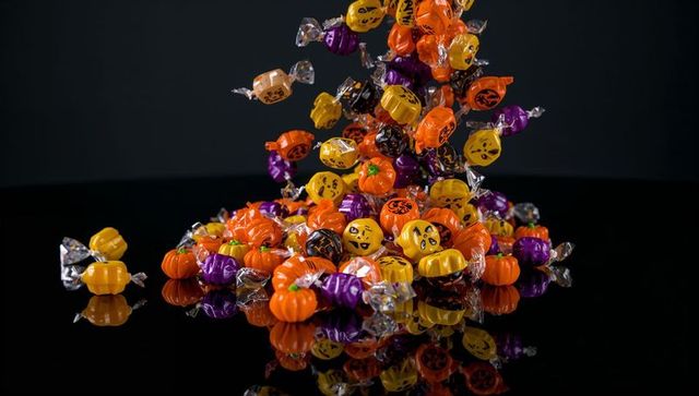 Falling festive halloween candies against dark background