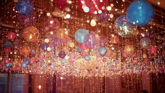 Colorful paper lanterns with string lights at festive event