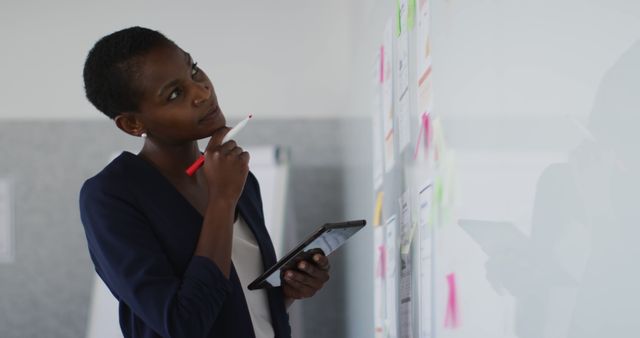 Businesswoman in office planning strategy on whiteboard with sticky notes and using a tablet for reference. This is ideal for portraying themes of business, entrepreneurship, strategic planning, productivity, corporate environment, and professional development.