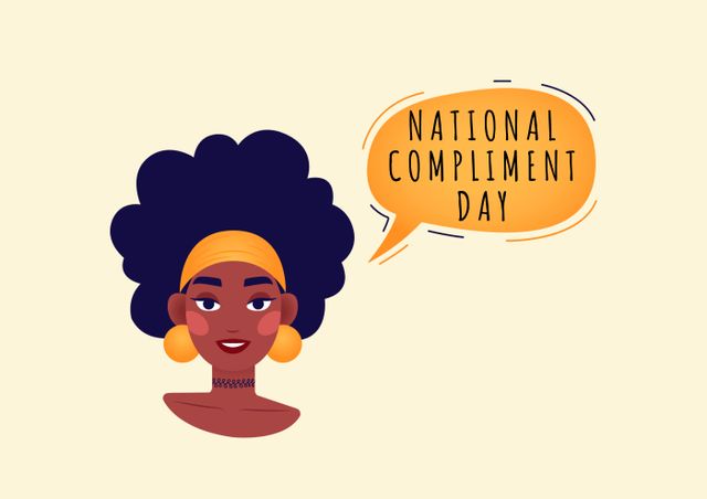 Composition of national compliment day text in speech bubble and woman icon on yellow backgorund. National compliment day and celebration concept digitally generated image.
