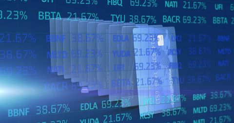 Stacked credit cards with digital financial data interface