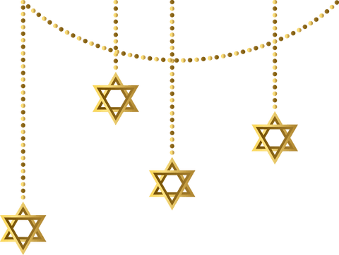 Gold star of david ornaments hanging on transparent background