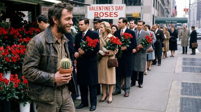 Bearded man carrying potted cactus passing valentine's day roses queue on urban sidewalk