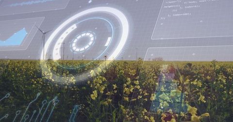 Futuristic technology overlays on sustainable landscape