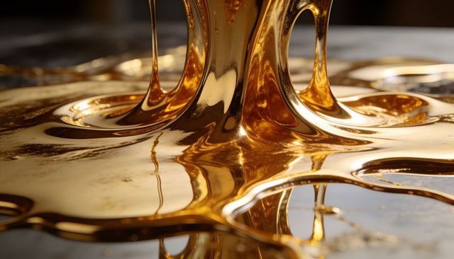 Pouring liquid gold pooling on glossy reflective surface with warm specular highlights
