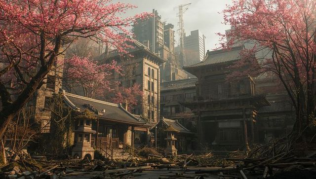AI-Generated Ancient Temple amidst Urban Decay with Cherry Blossoms