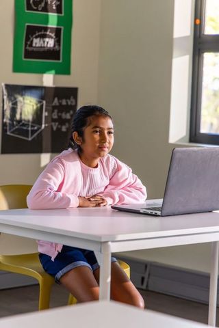 Asian schoolgirl studying on laptop in sunlit classroom pink sweater, focused learning