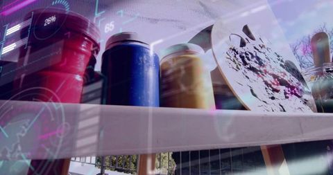 Paint jars and wooden palette on shelf with translucent hud overlay conveying fusion art