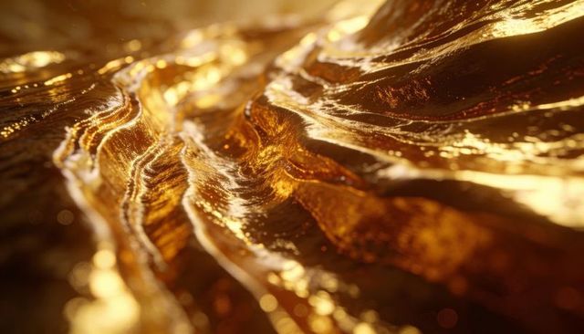 Lustrous liquid gold waves reflecting warm light macro abstract texture with bokeh