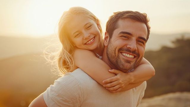Joyful Father and Daughter Bonding at Sunset with Golden Light