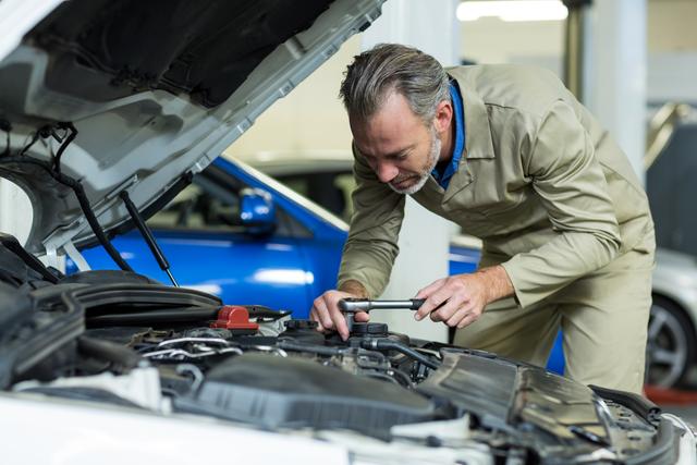 Experienced mechanic inspecting engine of a car in a repair garage. Ideal for use in automotive services advertisements, car repair shops, maintenance service promotions, and articles on vehicle care.