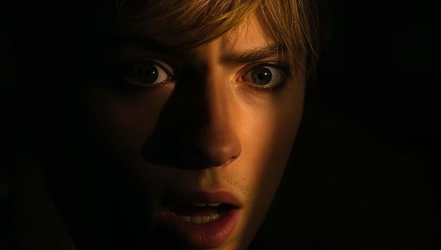 Closeup with narrow warm keylight, dramatic chiaroscuro, surprised gaze, subtle stubble
