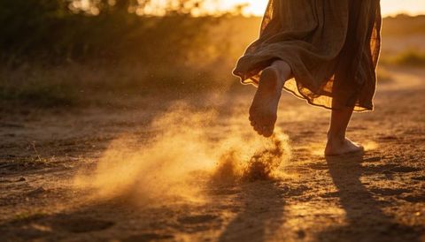 Sunlit barefoot woman walking on dusty path kicking golden dust with sheer skirt backlit sunset
