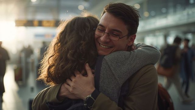 Sunlit airport reunion embracing couple smiling in warm backlit hug at busy concourse