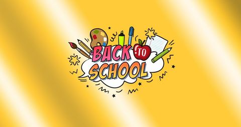 Back to School Graphic with Educational Icons on Yellow Background