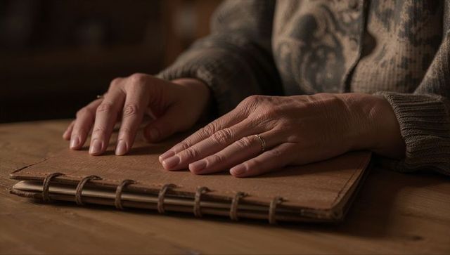 Resting senior woman's hands on leather journal showing gold wedding ring and knit sleeve