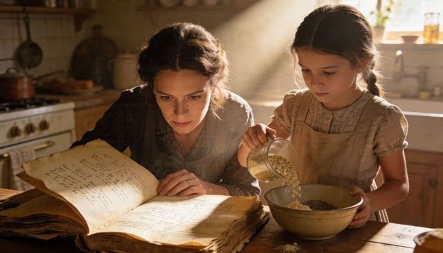 Mother and daughter consulting antique recipe book while pouring grains in rustic farmhouse kitchen