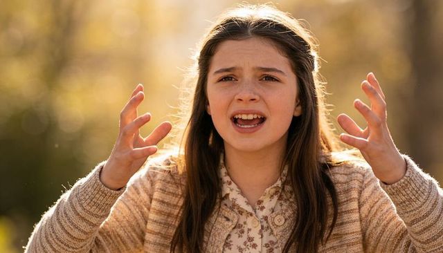 Speaking teenage girl raising hands in sunlit park, expressive tween portrait