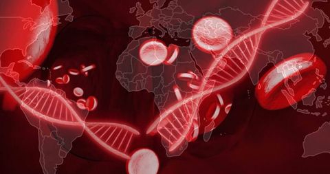 Futuristic Visualization of DNA Helix and Blood Cells on World Map