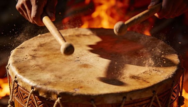 Drummer hands striking carved drum head amid firelight, rising dust and glowing embers