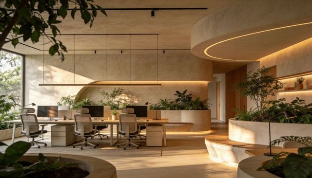 Sunlit biophilic open-plan office with four ergonomic workstations and curved planters