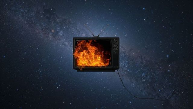Vintage television displaying flames against cosmic backdrop